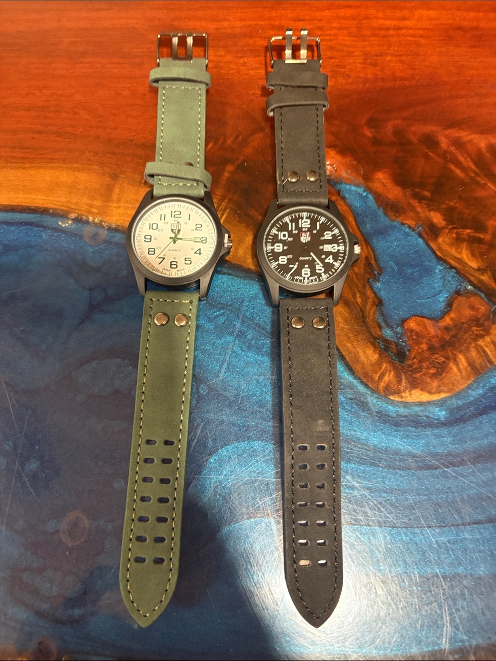 Pair of Field Style Leather Strap Watches - Green & Black Dials